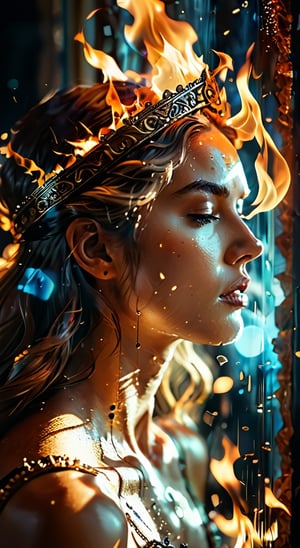 through a heavy pillar of billowing glass and fire emerges a goddess from hell, dynamic range, vivid, rich details, clear shadows and highlights, realistic, intense, enhanced contrast, highly detailed, cinematic film LUT, bokeh, photo realistic, depth of field, film grain,enchant3d