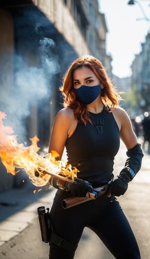 a confdent young female militant (action pose of throwing a very on fire Molotov_ cocktail) in a war_zone, wearing a ski_mask
,god_rays, angry expression, real shadows,  (peach fuzz skin: 0.)9 ), photorealistic, detailed shadows and highlights, masterpiece,  (film grain), (highly detailed skin textures), intricate detailed, depth of field, bokeh, highly detailed, ( freckles: 0.2), (beauty marks: 0.2), (pores: 0.3), (real hair: 1.2) High dynamic range, vivid rich details, clear shadows and highlights, intense, enhanced contrast, blurred light background 