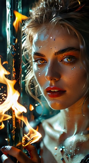 through a heavy pillar of billowing glass and fire emerges a goddess from hell with piercing diamond eyes and a sinister grin, dynamic range, vivid, rich details, clear shadows and highlights, realistic, intense, enhanced contrast, highly detailed, cinematic film LUT, bokeh, photo realistic, depth of field, film grain,enchant3d