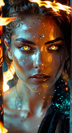 through a heavy pillar of billowing glass and fire emerges a goddess from hell with piercing diamond eyes and a sinister grin, dynamic range, vivid, rich details, clear shadows and highlights, realistic, intense, enhanced contrast, highly detailed, cinematic film LUT, bokeh, photo realistic, depth of field, film grain,enchant3d