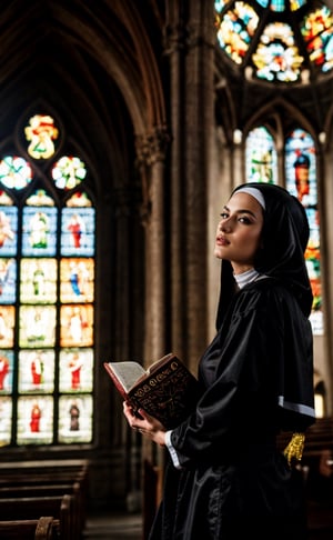 a sexy nun in a church, 35mm photograph, professional, shallow depth of field, vignette, high budget, bokeh, cinemascope, moody, epic, gorgeous, film grain (Kodakportra1600), (filmgrain), (Analogcamera), (Sharpdetails), (50mm), ultra realistic skin_textures,