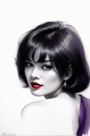 pencil Sketch of a beautiful asian woman 30 years , elegant, top model short hair , bob cut hair, black hair, small eyes , alluring, portrait by Igor Kazarin, ink drawing, illustrative art, soft lighting, detailed, more Flowing rhythm, super elegant, low contrast, add soft blur with thin line, full red lips, purple eyes , little neus, purple blouse .,glitter