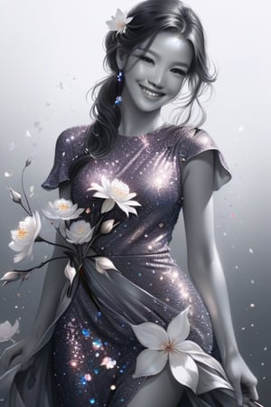  potrait of beautiful girl with beautiful smile holding a flower, higly detailed, trending on artstation, digital art, by stanley artgerm lau, wlop, rossdraws, james jean, andrei riabovitchev, marc simonetti, yoshitaka amano,glitter