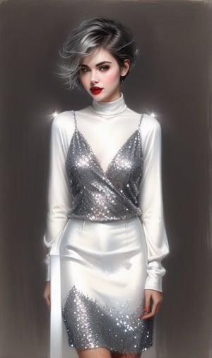 High quality 8k, pencil Sketch of a beautiful girl 25 years old with silver short hair, messy hair, red lipstic, black eyes, alluring, portrait by Charles Miano, pastel drawing, illustrative art, soft lighting, detailed, more Flowing rhythm, elegant, low contrast, add soft blur with thin line, yellow clothes.,DonMW15pXL,BugCraft,glitter