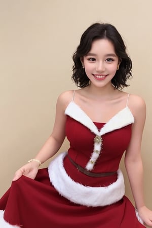 1 beautiful girl, christmas outfit, red  skirt, short black curly hair, full front facing body, high hills nice smile, 8k quality