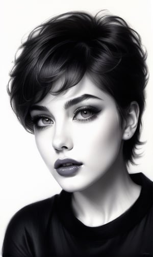 High quality 8k, pencil Sketch of a beautiful girl 25 years old with silver short hair, messy hair, red lipstic, black eyes, alluring, portrait by Charles Miano, pastel drawing, illustrative art, soft lighting, detailed, more Flowing rhythm, elegant, low contrast, add soft blur with thin line, yellow clothes.,DonMW15pXL,BugCraft