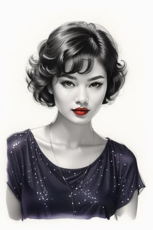 pencil Sketch of a beautiful asian woman 20 years old, elegant, top model short curly hair , bob cut hair, black hair, small eyes , alluring, portrait by Igor Kazarin, ink drawing, illustrative art, soft lighting, detailed, more Flowing rhythm, super elegant, low contrast, add soft blur with thin line, full red lips, braun eyes , little neus, purple blouse .,glitter