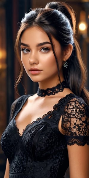((Generate hyper realisticimage of a stunning  20 year old girl,)) rich intrincate detailed, black lace dress, long dark hair in a ponytail, meaningful colors,16k resolution, masterpiece, highly complex setting,dynamic lighting, breathtaking, lovely photography style, Extremely Realistic,