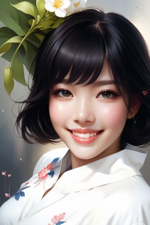 potrait of beautiful girl with beautiful smile holding a flower, higly detailed, trending on artstation, digital art, by stanley artgerm lau, wlop, rossdraws, james jean, andrei riabovitchev, marc simonetti, yoshitaka amano