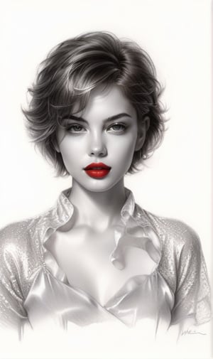 High quality 8k, pencil Sketch of a beautiful girl 18 years, with silver short hair, messy hair, red lipstic, full lips, alluring, portrait by Charles Miano, pastel drawing, illustrative art, soft lighting, detailed, more Flowing rhythm, elegant, low contrast, add soft blur with thin line, yellow clothes.,DonMW15pXL,BugCraft