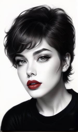 High quality 8k, pencil Sketch of a beautiful girl 25 years old with silver short hair, messy hair, red lipstic, full lips, alluring, portrait by Charles Miano, pastel drawing, illustrative art, soft lighting, detailed, more Flowing rhythm, elegant, low contrast, add soft blur with thin line, yellow clothes.,DonMW15pXL,BugCraft