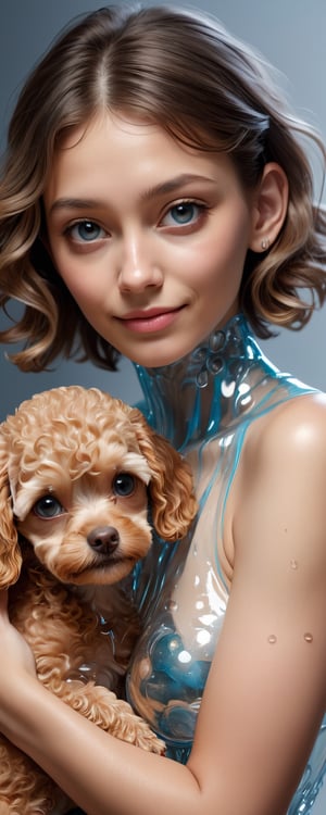 (best quality, masterpiece, highres, ultra-detailed, 8K, RAW image),high details, realisitc detailed,ultra realistic,
a beautiful young woman cuddling a toy-poodle puppy, 23yo, glowing eyes,upperbody photo of a beautiful female figure boasting transparent skin revealing her colorful metal skeleton beneath, inlit by a stark white studio light casting an intricate shadows, eye contact, kind smile, lipgloss, bliss, willowy, chiseled, (perfect anatomy, prefecthand, dress, long fingers, 4 fingers, 1 thumb), dynamic pose,glass shiny style,made of water bubbles,chrometech,surface imperfections,cinematic_warm_color,colorful,