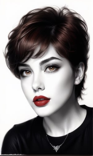 High quality 8k, pencil Sketch of a beautiful girl 25 years old with silver short hair, messy hair, red lipstic, brown eyes, alluring, portrait by Charles Miano, pastel drawing, illustrative art, soft lighting, detailed, more Flowing rhythm, elegant, low contrast, add soft blur with thin line, yellow clothes.,DonMW15pXL,BugCraft