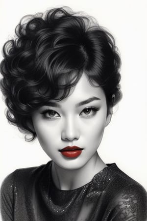 pencil Sketch of a beautiful asian woman 20 years old, elegant, top model short curly hair , bob cut hair, black hair, small eyes , alluring, portrait by Igor Kazarin, ink drawing, illustrative art, soft lighting, detailed, more Flowing rhythm, super elegant, low contrast, add soft blur with thin line, full red lips, braun eyes , little neus, purple blouse .,glitter