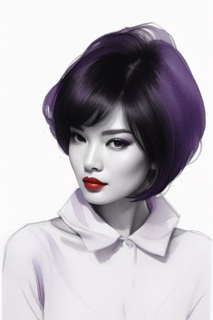 pencil Sketch of a beautiful asian woman 30 years , elegant, top model short hair , bob cut hair, black hair, small eyes , alluring, portrait by Igor Kazarin, ink drawing, illustrative art, soft lighting, detailed, more Flowing rhythm, super elegant, low contrast, add soft blur with thin line, full red lips, purple eyes , little neus, purple blouse .,glitter