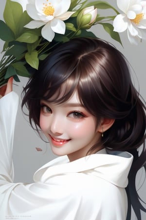 potrait of beautiful girl with beautiful smile holding a flower, higly detailed, trending on artstation, digital art, by stanley artgerm lau, wlop, rossdraws, james jean, andrei riabovitchev, marc simonetti, yoshitaka amano