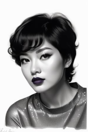 pencil Sketch of a beautiful asian woman 20 years old, elegant, top model short curly hair , bob cut hair, black hair, small eyes , alluring, portrait by Igor Kazarin, ink drawing, illustrative art, soft lighting, detailed, more Flowing rhythm, super elegant, low contrast, add soft blur with thin line, full red lips, braun eyes , little neus, purple blouse .,glitter