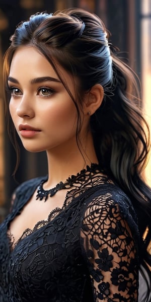 ((Generate hyper realisticimage of a stunning  20 year old girl,)) rich intrincate detailed, black lace dress, long dark hair in a ponytail, meaningful colors,16k resolution, masterpiece, highly complex setting,dynamic lighting, breathtaking, lovely photography style, Extremely Realistic,