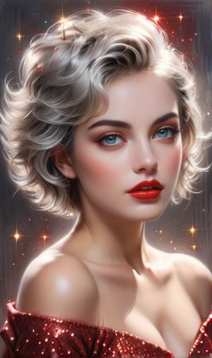 High quality 8k, pencil Sketch of a beautiful girl 25 years old with silver short hair, messy hair, red lipstic, black eyes, alluring, portrait by Charles Miano, pastel drawing, illustrative art, soft lighting, detailed, more Flowing rhythm, elegant, low contrast, add soft blur with thin line, yellow clothes.,DonMW15pXL,BugCraft,glitter