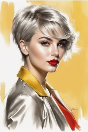 pencil Sketch of a beautiful girl  18 years, with silver short hair, messy hair, red lipstic, full lips, alluring, portrait by Charles Miano, pastel drawing, illustrative art, soft lighting, detailed, more Flowing rhythm, elegant, low contrast, add soft blur with thin line,  yellow clothes.,DonMW15pXL,BugCraft