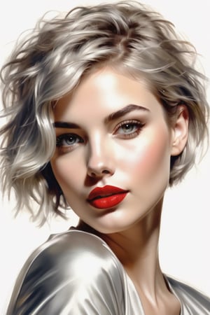 pencil Sketch of a beautiful girl  18 years, with silver short hair, messy hair, red lipstic, full lips, alluring, portrait by Charles Miano, pastel drawing, illustrative art, soft lighting, detailed, more Flowing rhythm, elegant, low contrast, add soft blur with thin line,  yellow clothes.,DonMW15pXL,BugCraft