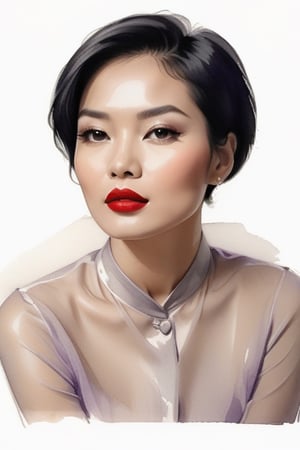 pencil Sketch of a beautiful asian woman 30 years , elegant, top model short hair , bob cut hair, black hair, small eyes , alluring, portrait by Igor Kazarin, ink drawing, illustrative art, soft lighting, detailed, more Flowing rhythm, super elegant, low contrast, add soft blur with thin line, full red lips, braun eyes , little neus, purple blouse .,glitter