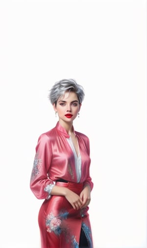 High quality 8k, pencil Sketch of a beautiful girl 25 years old with silver short hair, messy hair, red lipstic, black eyes, alluring, portrait by Charles Miano, pastel drawing, illustrative art, soft lighting, detailed, more Flowing rhythm, elegant, low contrast, add soft blur with thin line, yellow clothes.,DonMW15pXL,BugCraft