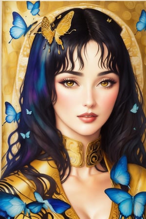 Gustav Klimt painted his new famous artwork of Monica Bellucci (with straight hair) and her beautiful sister, she is very beautiful, the background is colorful with gold intricately detailed colorful single butterfly - watercolor art