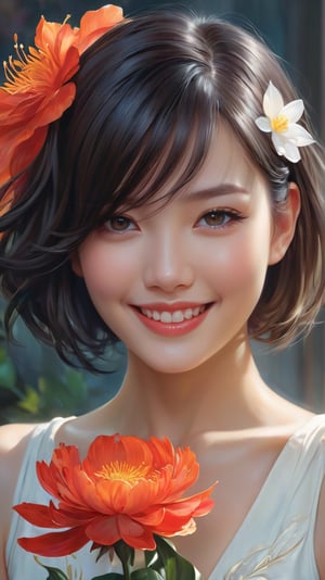 potrait of beautiful girl with beautiful smile holding a flower, higly detailed, trending on artstation, digital art, by stanley artgerm lau, wlop, rossdraws, james jean, andrei riabovitchev, marc simonetti, yoshitaka amano