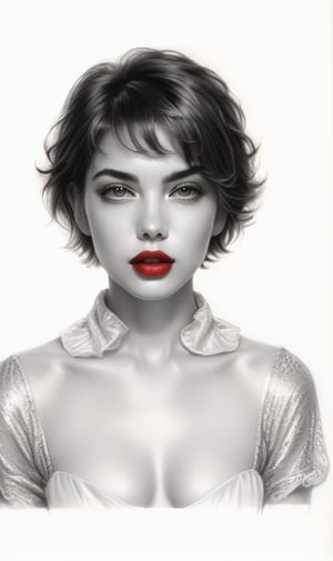 High quality 8k, pencil Sketch of a beautiful girl 18 years, with silver short hair, messy hair, red lipstic, full lips, alluring, portrait by Charles Miano, pastel drawing, illustrative art, soft lighting, detailed, more Flowing rhythm, elegant, low contrast, add soft blur with thin line, yellow clothes.,DonMW15pXL,BugCraft