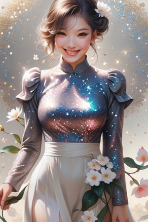 potrait of beautiful girl with beautiful smile holding a flower, higly detailed, trending on artstation, digital art, by stanley artgerm lau, wlop, rossdraws, james jean, andrei riabovitchev, marc simonetti, yoshitaka amano,glitter