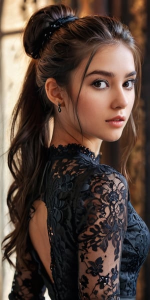 ((Generate hyper realisticimage of a stunning  20 year old girl,)) rich intrincate detailed, black lace dress, long dark hair in a ponytail, meaningful colors,16k resolution, masterpiece, highly complex setting,dynamic lighting, breathtaking, lovely photography style, Extremely Realistic,