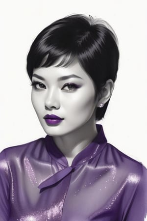 pencil Sketch of a beautiful asian woman 30 years , elegant, top model short hair , bob cut hair, black hair, small eyes , alluring, portrait by Igor Kazarin, ink drawing, illustrative art, soft lighting, detailed, more Flowing rhythm, super elegant, low contrast, add soft blur with thin line, full red lips, purple eyes , little neus, purple blouse .,glitter