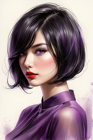 pencil Sketch of a beautiful  asian woman 30 years , elegant,  top model
short  hair ,  bob cut hair, black hair, small eyes ,  alluring, portrait by Igor Kazarin, ink drawing, illustrative art, soft lighting, detailed, more Flowing rhythm, super elegant, low contrast, add soft blur with thin line, full  red lips, purple eyes ,  little neus,   purple blouse  .