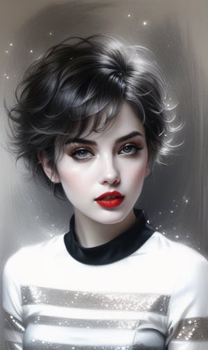 High quality 8k, pencil Sketch of a beautiful girl 25 years old with silver short hair, messy hair, red lipstic, black eyes, alluring, portrait by Charles Miano, pastel drawing, illustrative art, soft lighting, detailed, more Flowing rhythm, elegant, low contrast, add soft blur with thin line, yellow clothes.,DonMW15pXL,BugCraft,glitter