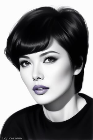 pencil Sketch of a beautiful asian woman 30 years , elegant, top model short hair , bob cut hair, black hair, small eyes , alluring, portrait by Igor Kazarin, ink drawing, illustrative art, soft lighting, detailed, more Flowing rhythm, super elegant, low contrast, add soft blur with thin line, full red lips, purple eyes , little neus, purple blouse .