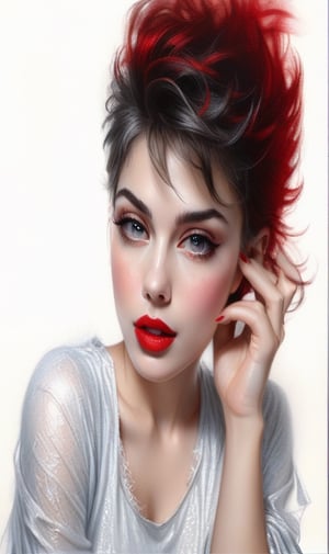 High quality 8k, pencil Sketch of a beautiful girl 25 years old with silver short hair, messy hair, red lipstic, black eyes, alluring, portrait by Charles Miano, pastel drawing, illustrative art, soft lighting, detailed, more Flowing rhythm, elegant, low contrast, add soft blur with thin line, yellow clothes.,DonMW15pXL,BugCraft