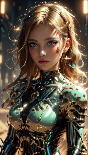 (A digital portrait of striking clarity, intricacy, and ornate detail, rendered dynamically in high quality. The style echoes the distinct aesthetics of Artgerm, Loish, Charlie Bowater, and Sara Tepes. It features a beautiful woman with a feminine allure, standing amidst a sandy desert. The scene is set against a backdrop of a futuristic eclipse, with geometric, chromatic, and biomechanical elements, evoking a science fiction and cyberpunk vibe. She is adorned in a casual attire that incorporates elements of latex, vinyl, plastic, glass, and LED lights, suggesting a cyborg or spacesuit influence), Detailed Textures, high quality, high resolution, high Accuracy, realism, color correction, Proper lighting settings, harmonious composition, Behance works,1 girl,milf,Detailedface,Gothic