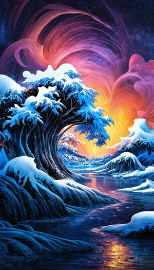 (Esoteric landscape of Hokusai and Anne Bachelier, Elpis, chemiluminescence, Art Nouveau, bright colors, kaleidoscope and prismatic effects, optical illusions 3D art), Detailed texture, High quality, High resolution, High precision, Realism, Color correction, Proper lighting settings, Harmonious composition, Behance Works,FuturEvoLabStyle