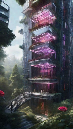 (Very tall building in the middle of the forest, Penrose staircase, glass and crystal are the materials, Juno promotional image, key is in the center of the image, maze, black house, lucid dream series, highly detailed subtractive lighting, Shambala, Puzzle, Lossless, Lived), Detailed Textures, high quality, high resolution, high Accuracy, realism, color correction, Proper lighting settings, harmonious composition, Behance works, DonMR0s30rd3rXL ,Pedestrian Signals,rose,knight,cyborg