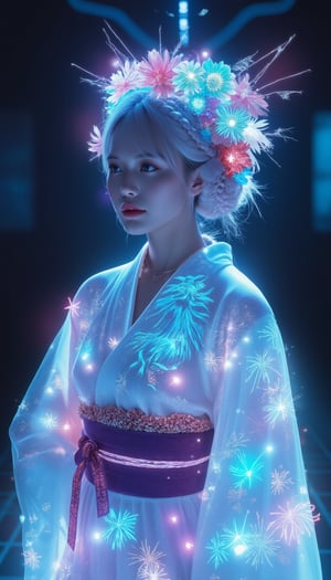 In the heart of a futuristic fashion runway, a stunning Caucasian woman takes center stage, embodying a harmonious blend of tradition and futurism. Draped in a traditional Japanese kimono, the ensemble is reimagined with a modern twist, crafted from a translucent fabric that radiates a soft glow. The kimono boasts expansive, fluid sleeves, a gracefully tied obi sash, and a sweeping floor-length skirt. Embedded within the fabric are delicate LED patterns that come to life, depicting iconic Japanese motifs—cherry blossoms, undulating waves, majestic cranes, and sturdy bamboo. Adding to the garment's allure is a complex, asymmetric blue pattern, ethereal in its appearance, casting a luminous projection across the outfit. Her platinum blonde hair, cut with precise bangs, is woven into an elaborate braided style, showcasing a diamond weave interspersed with slender plaits. A statement choker encircles her neck, while a vibrant floral headdress, brimming with a spectrum of blossoms, crowns her visage. In her grasp, she holds a traditional Japanese fan, the final touch to this captivating fusion of past and future.,neon_glow