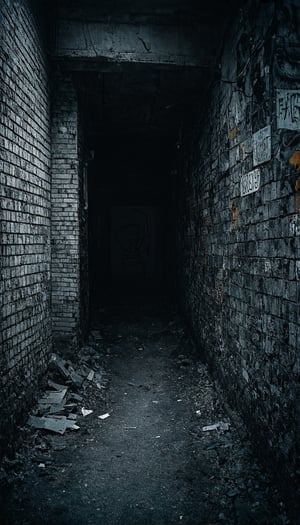 (At the end of a dark, winding alleyway lies a desolate dead end. The image captures a decaying brick wall with graffiti tags and peeling paint. A melancholic portrayal of urban decay in a photograph. Every crack and faded color in the bricks tells a story of neglect and abandonment. The intricate details and subtle hues make this image not just a mere photograph, but a haunting masterpiece of forgotten corners. The sharp contrasts and depth evoke a sense of mystery and intrigue, drawing the viewer into the forlorn beauty of decay), Detailed texture, High quality, High resolution, High precision, Realism, Color correction, Proper lighting settings, Harmonious composition, Behance Works,FuturEvoLabStyle