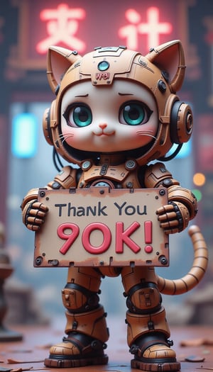 A super deformed cat-like cyborg from the future holds a big sign in both hands that says "Thank you 90k!". The cyborg's eyes are very big and cute. The background is very detailed, with a neon sign saying "ありがとう" in cyberpunk style. Detailed texture, high quality, high resolution, high precision, realism, color correction, good lighting settings, harmonious composition, Behance work, watercolor, text, text is "",VNS_Add more details,create figure 2