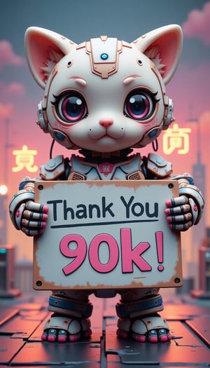 A super deformed cat-like cyborg from the future holds a big sign in both hands that says "Thank you 90k!". The cyborg's eyes are very big and cute. The background is very detailed, with a neon sign saying "ありがとう" in cyberpunk style. Detailed texture, high quality, high resolution, high precision, realism, color correction, good lighting settings, harmonious composition, Behance work, watercolor, text, text is "",VNS_Add more details,create figure 2