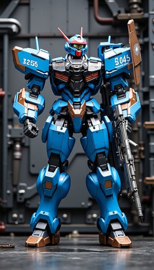 A centered photograph of a detailed toy or model robot figure in vibrant sky blue paint with metallic silver accents, standing in a dynamic, action-ready pose against a complex gray industrial background. The robot has a muscular build with intricately designed armor plates on its chest, shoulders, abdomen, and knees, featuring multiple segments and articulated joints. Its head is covered by a helmet with a distinctive red visor and black highlights around the eyes, giving it a futuristic appearance. The figure's chest area showcases a black central section with blue highlights and white markings, including the number '605' on the left shoulder plate and 'IV' on the right upper arm. A large rectangular shield with white text '6045' and 'Foundations' in a mix of white and red, adorned with a white emblem resembling a star or flower design, is positioned on its right arm. The left hand holds a large, metallic gray rifle with a long barrel, intricate details, and a scope mounted on top. The knee joints, ankles, wrists, and fingers are metallic silver, offering a stark contrast to the blue armor. The robot's feet are large and chunky, with bronze-colored toe plates and thick soles. The background consists of a complex gray industrial panel setup with structural beams, pipes, and various technical elements, enhancing the futuristic theme and providing a stark contrast to the vibrant blue robot. The lighting is soft and diffused, highlighting the details and textures of both the robot and the background without casting harsh shadows, ensuring all elements are clearly visible and emphasizing the high level of detail in the scene,epic mecha