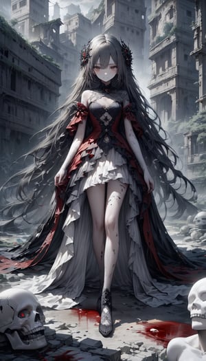(A striking image reminiscent of Gothic aesthetics, a figure standing in a desolate landscape, this 2B android from the YoRHa series has been ravaged by time and decay, exuding an aura of somber elegance. A very beautiful face with a melancholic expression, every pixel depicting intricate details. Her hair cascades over her pale, porcelain skin, contrasting vividly with her blood-red eyes, filled with equal parts sadness and determination. A work of digital art, the perfect balance between eerie charm and ethereal beauty, feast your eyes on the melancholy existence of a stoic android in this haunting and exquisite depiction), Detailed Textures, high quality, high resolution, high Accuracy, realism, color correction, Proper lighting settings, harmonious composition, Behance works,large-eyed,photo_b00ster
