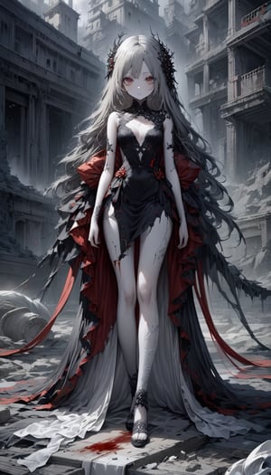(A striking image reminiscent of Gothic aesthetics, a figure standing in a desolate landscape, this 2B android from the YoRHa series has been ravaged by time and decay, exuding an aura of somber elegance. A very beautiful face with a melancholic expression, every pixel depicting intricate details. Her hair cascades over her pale, porcelain skin, contrasting vividly with her blood-red eyes, filled with equal parts sadness and determination. A work of digital art, the perfect balance between eerie charm and ethereal beauty, feast your eyes on the melancholy existence of a stoic android in this haunting and exquisite depiction), Detailed Textures, high quality, high resolution, high Accuracy, realism, color correction, Proper lighting settings, harmonious composition, Behance works,large-eyed,photo_b00ster