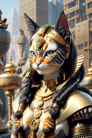 (Anthropomorphic Egyptianmau cat who became Cleopatra), Detailed Textures, high quality, high resolution, high Accuracy, realism, color correction, Proper lighting settings, harmonious composition, Behance works,realistic,hmnzct