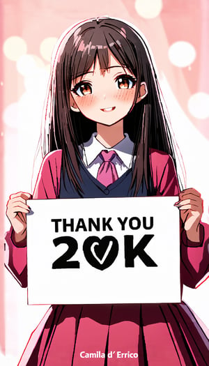 (A very cute girl. She is holding a big sign in both hands that says "Thank you 20k♥". The background is cute with light tones in the style of Camilla d’Errico), detailed texture, high quality, high resolution, high precision, realism, color correction, proper lighting settings, harmonious composition, Behance work, text, text is ""