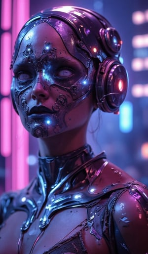 Futuristic Halloween makeup look resembling an android or cyborg. The model’s face is partially painted to look like metal, with visible gears, circuits, and glowing blue eyes. Half of the face shows smooth human skin with detailed makeup, while the other half appears robotic with chrome-like textures and LED lights embedded into the skin. The background is a high-tech, neon-lit cityscape with holograms floating in the air. The lighting is sharp, with neon purple, blue, and pink hues reflecting off the metallic elements of the makeup.VNS_Add more details,Halloween makeup,cool_Anime